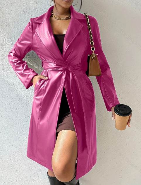 Manteau long en simili cuir avec col à revers et poches - ElyGlam