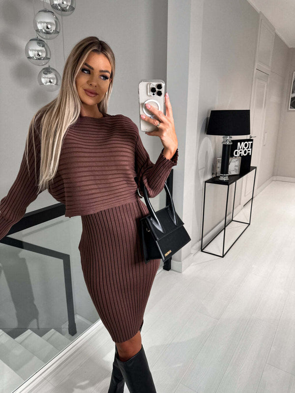 Women’s 2-Piece Knit Dress Set – Long Sleeve Top & Slim Skirt