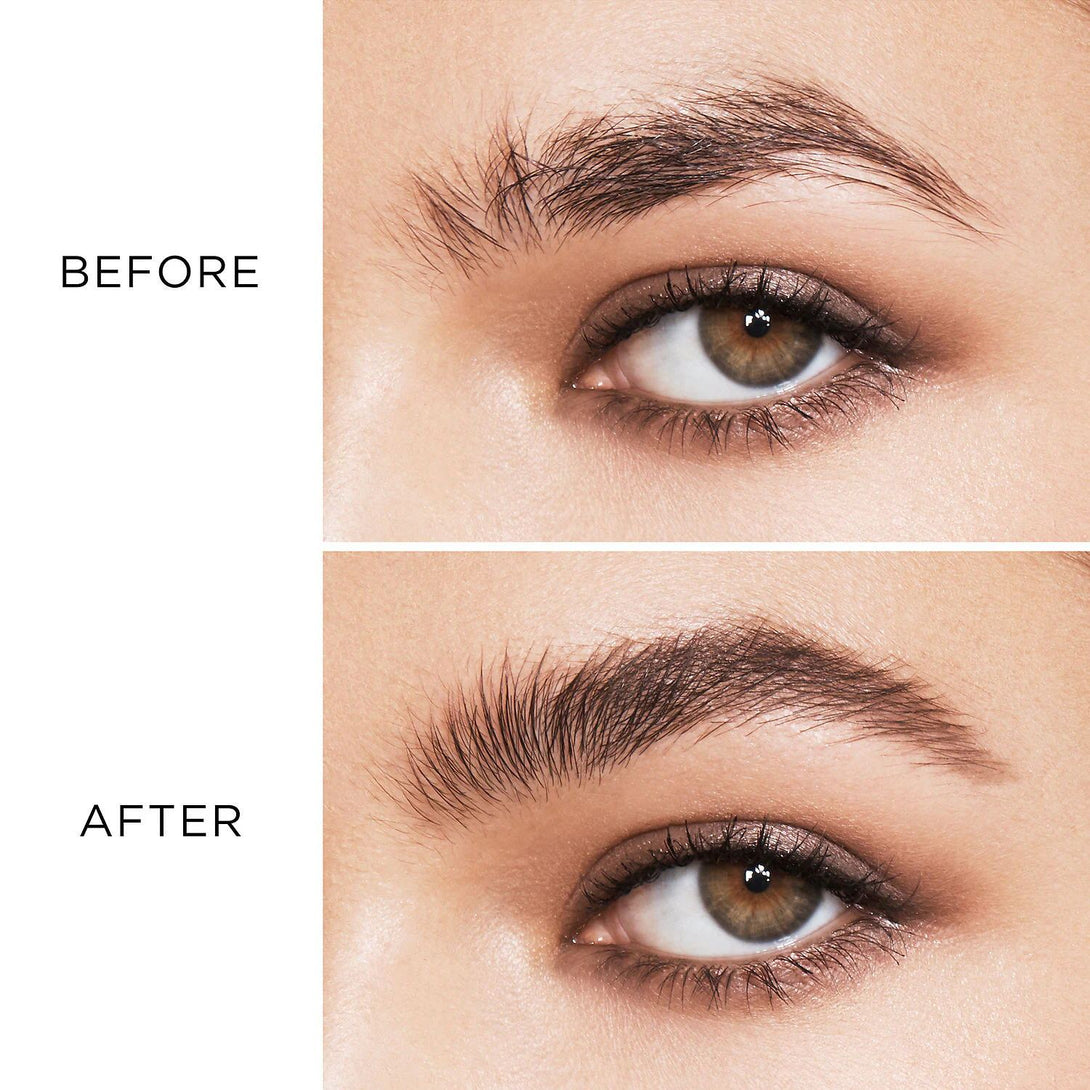Before and after comparison of an eye with enhanced eyebrows.