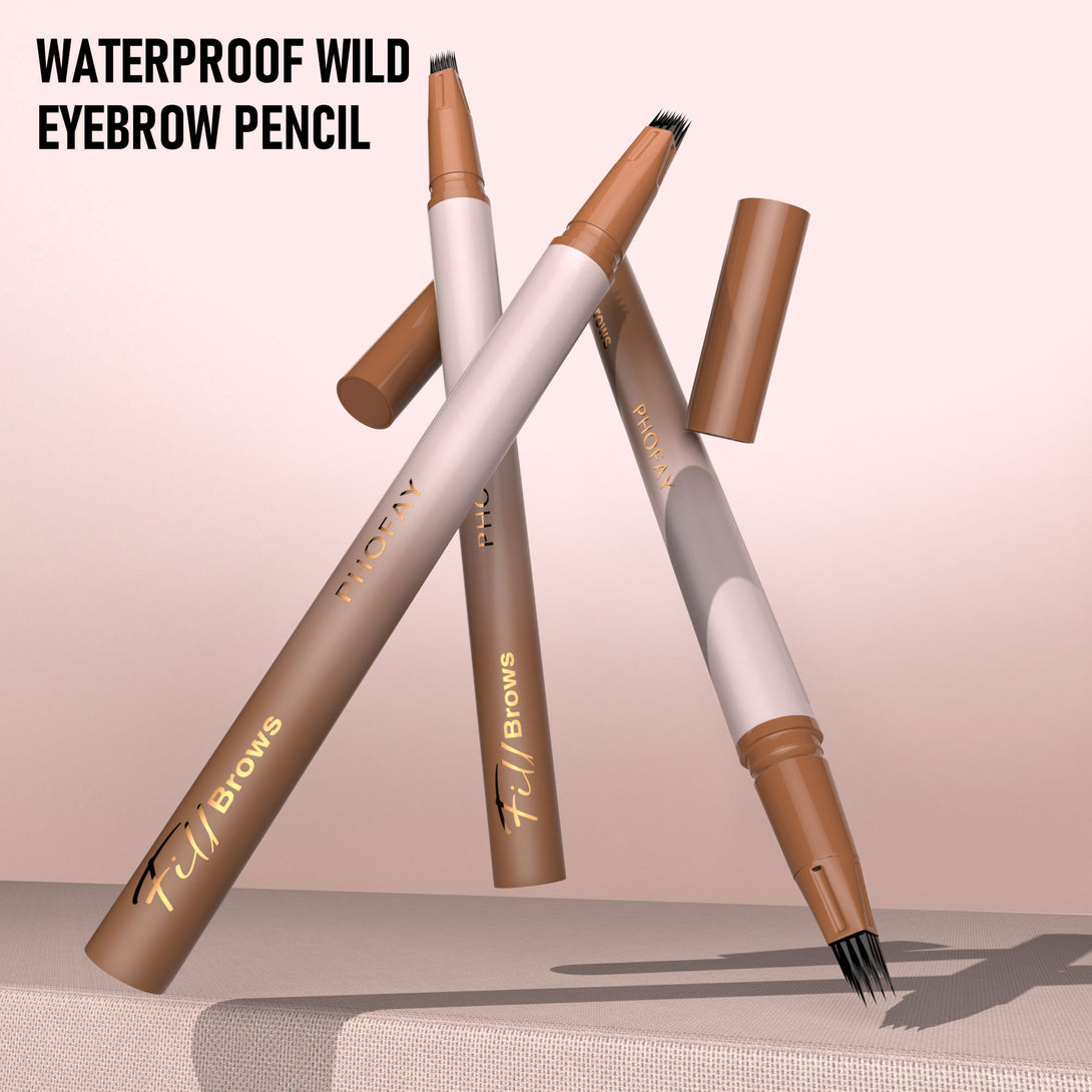 Waterproof wild eyebrow pencils with visible brand name on a gradient background