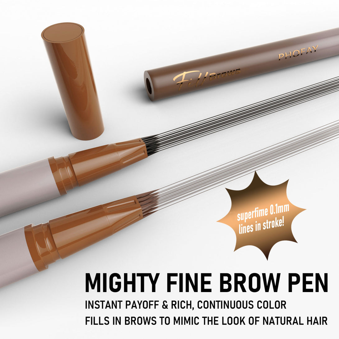 Mighty Fine Brow Pen with visible bristles on a white background