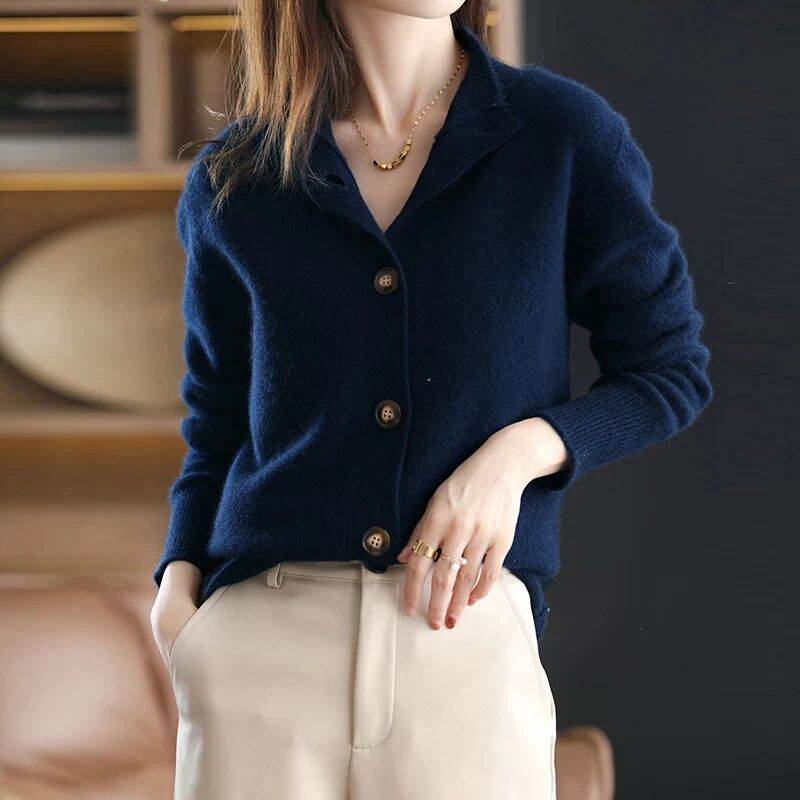 Cardigan rétro à col montant, tricoté, coupe courte - ElyGlam