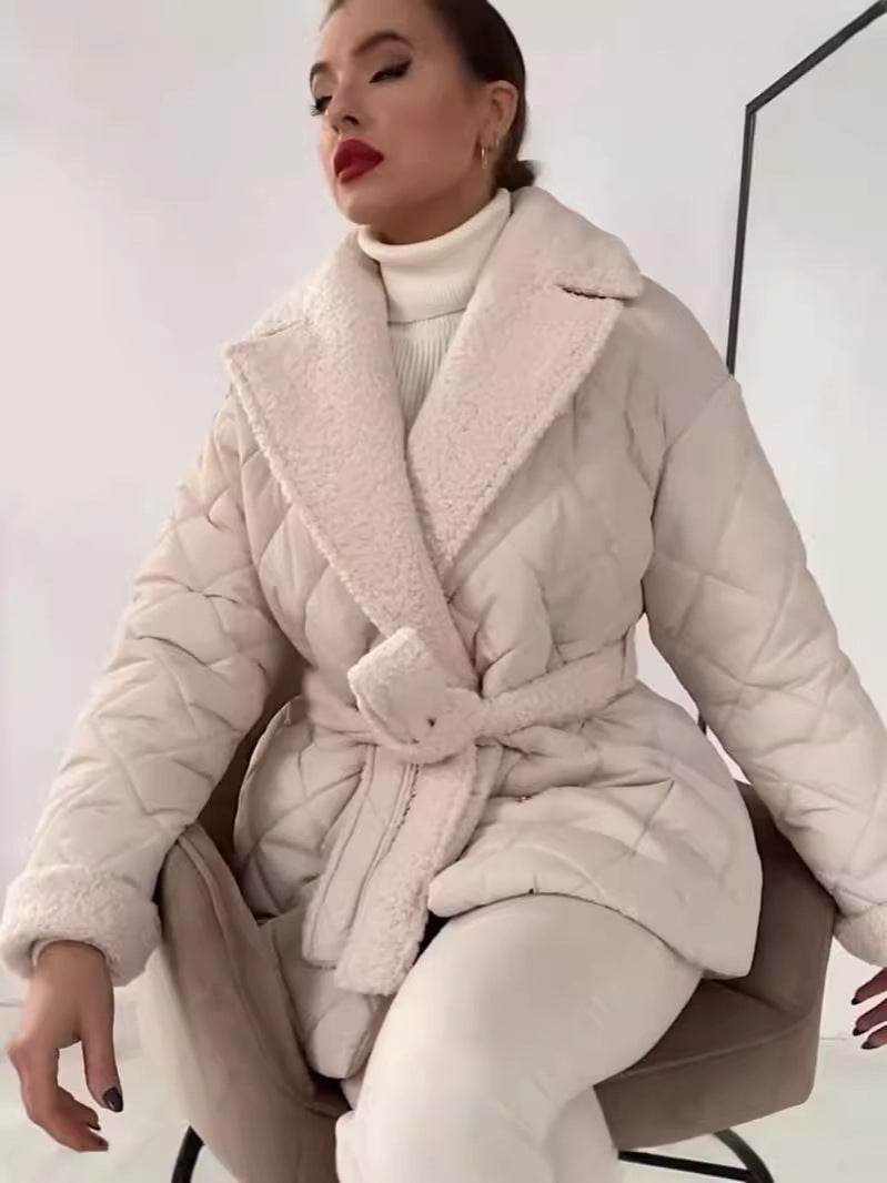 Manteau à carreaux avec col, ceinture à la taille - ElyGlam