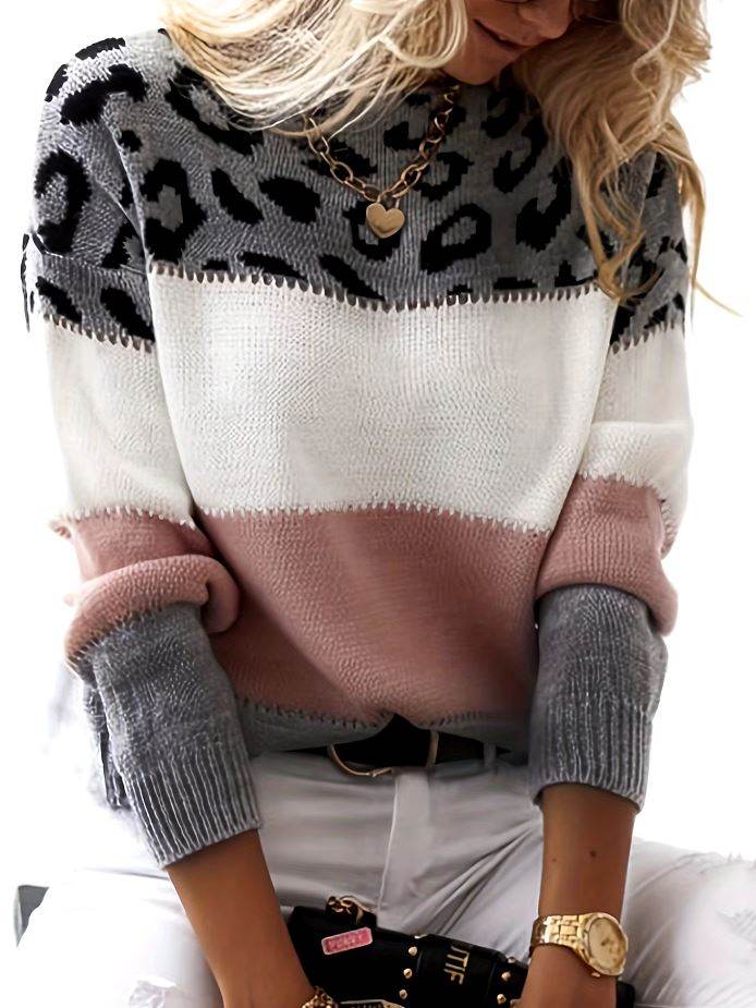 Pull Léopard Bicolore à Col Rond - ElyGlam