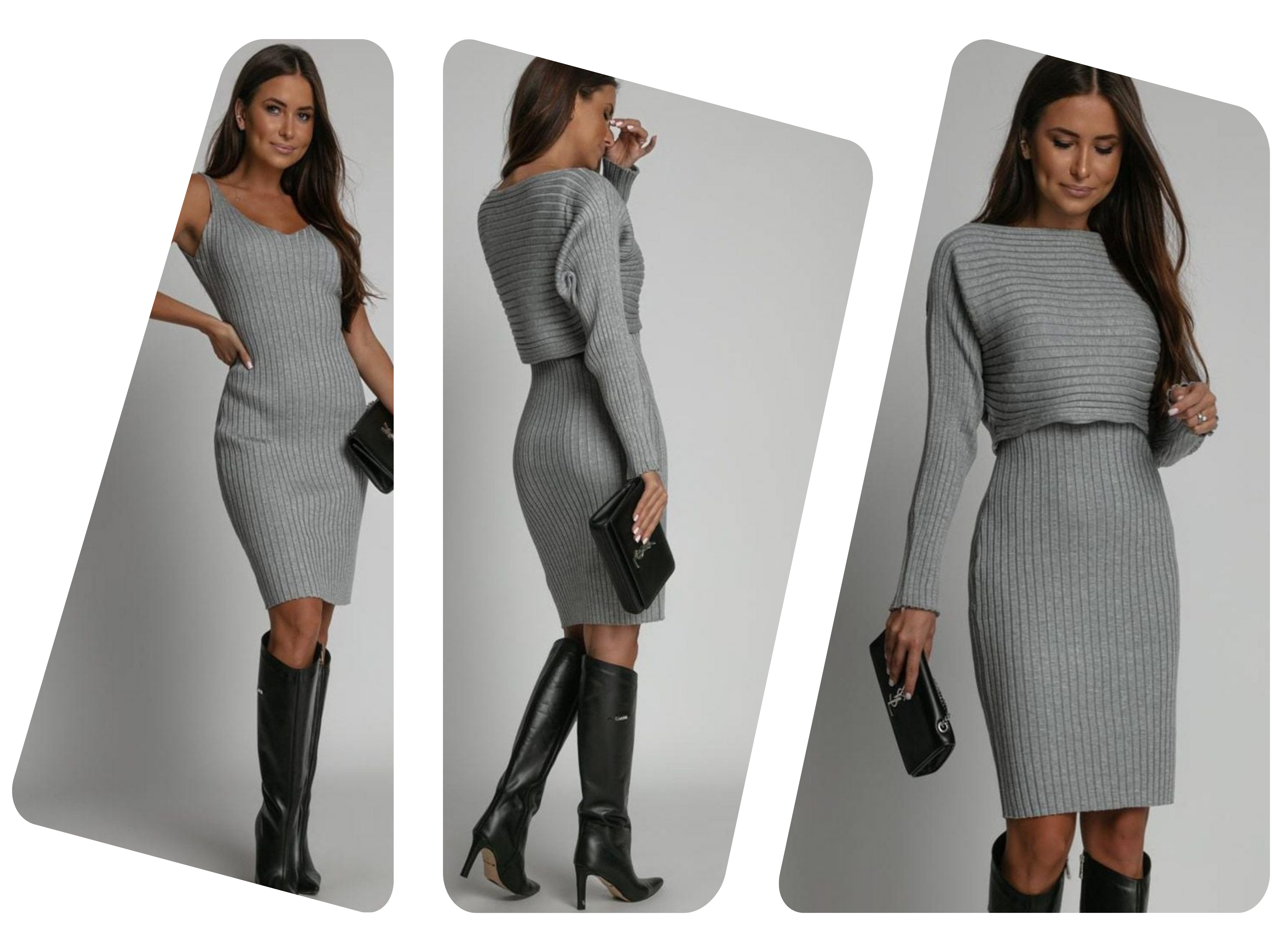 Three views of a woman wearing a gray dress with knee-high boots on a white background