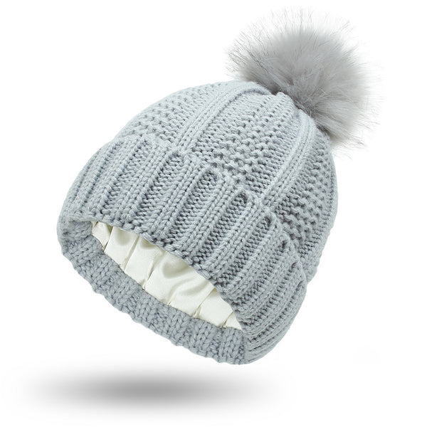 Women’s Winter Beanie Hat – Satin Lined Knit Hat with Faux Fur Pom Pom | Warm & Stylish Skull Cap