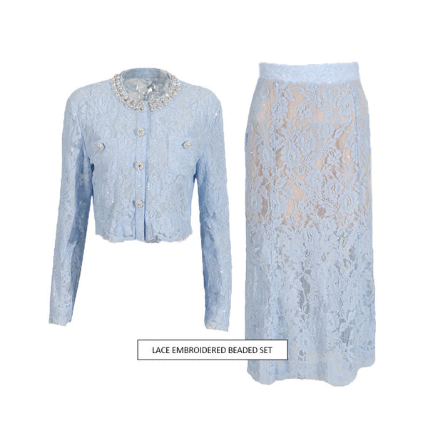 Round Neck Diamond Lace Embroidered Top High Waist Skirt Suit