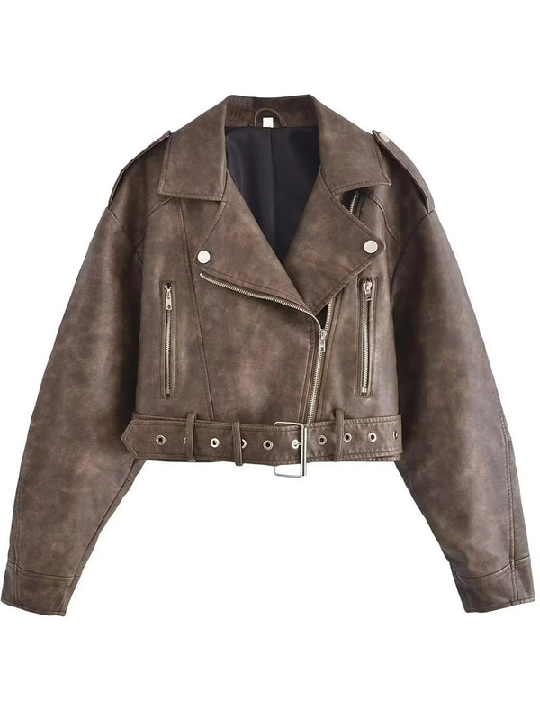 Army Green Faux Leather Cropped Biker Jacket – Slim Fit Zipper Style