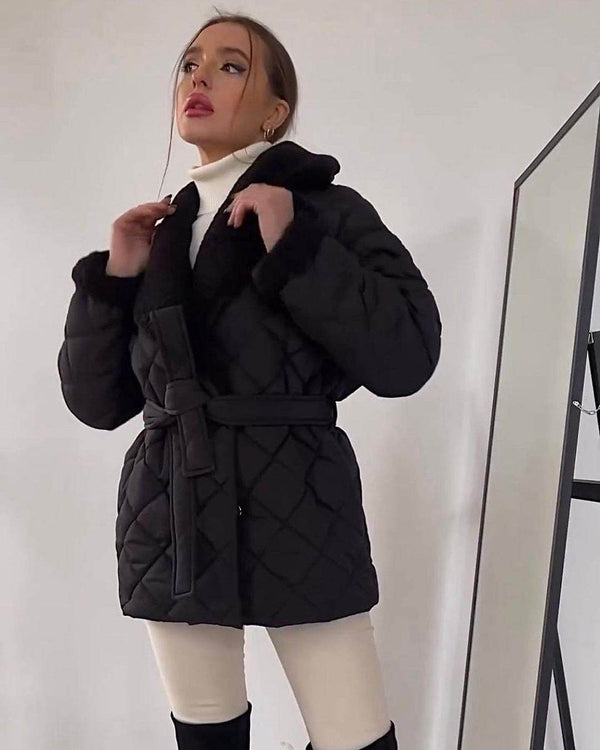 Manteau à carreaux avec col, ceinture à la taille - ElyGlam