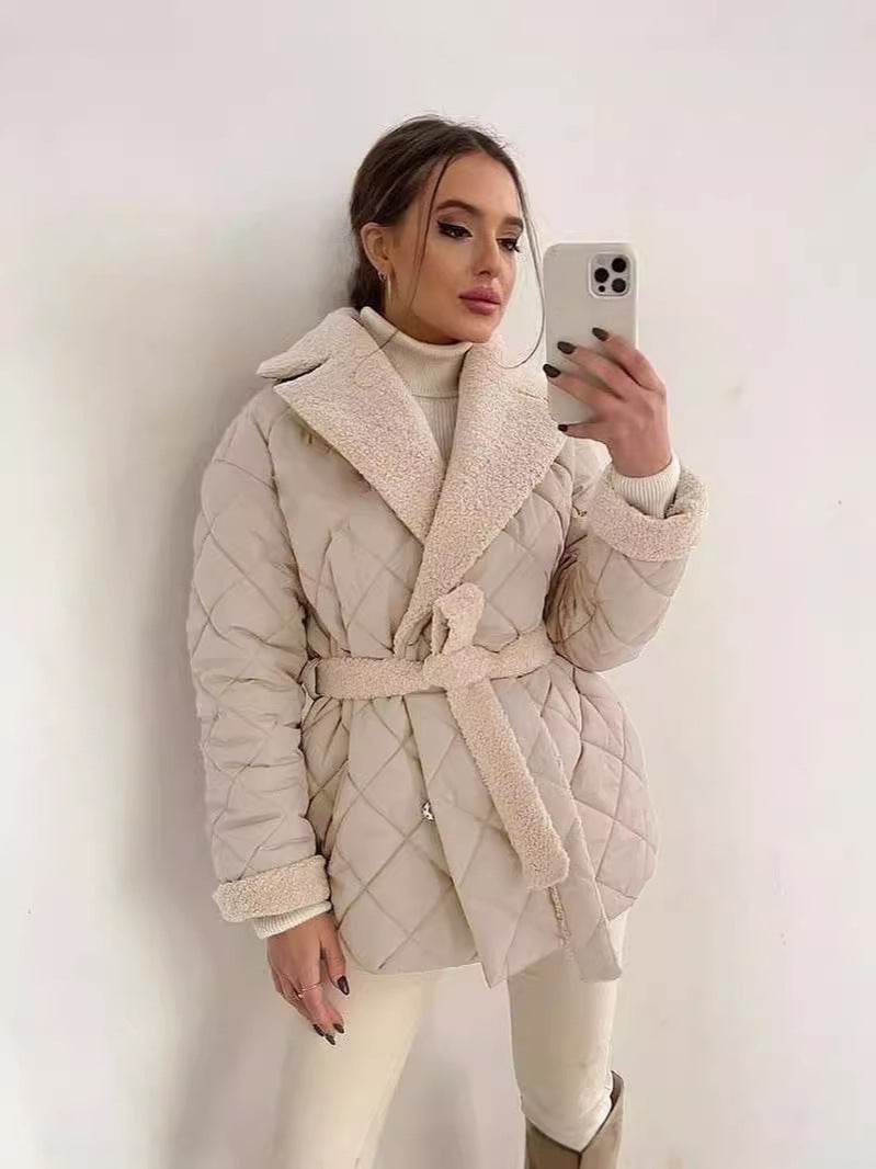 Manteau à carreaux avec col, ceinture à la taille - ElyGlam