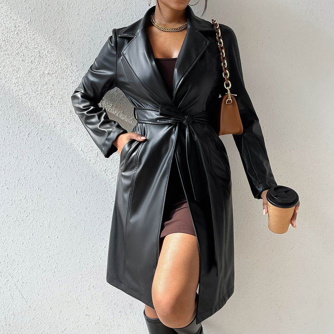 Manteau long en simili cuir avec col à revers et poches - ElyGlam