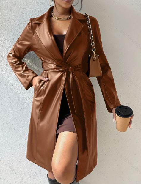 Manteau long en simili cuir avec col à revers et poches - ElyGlam