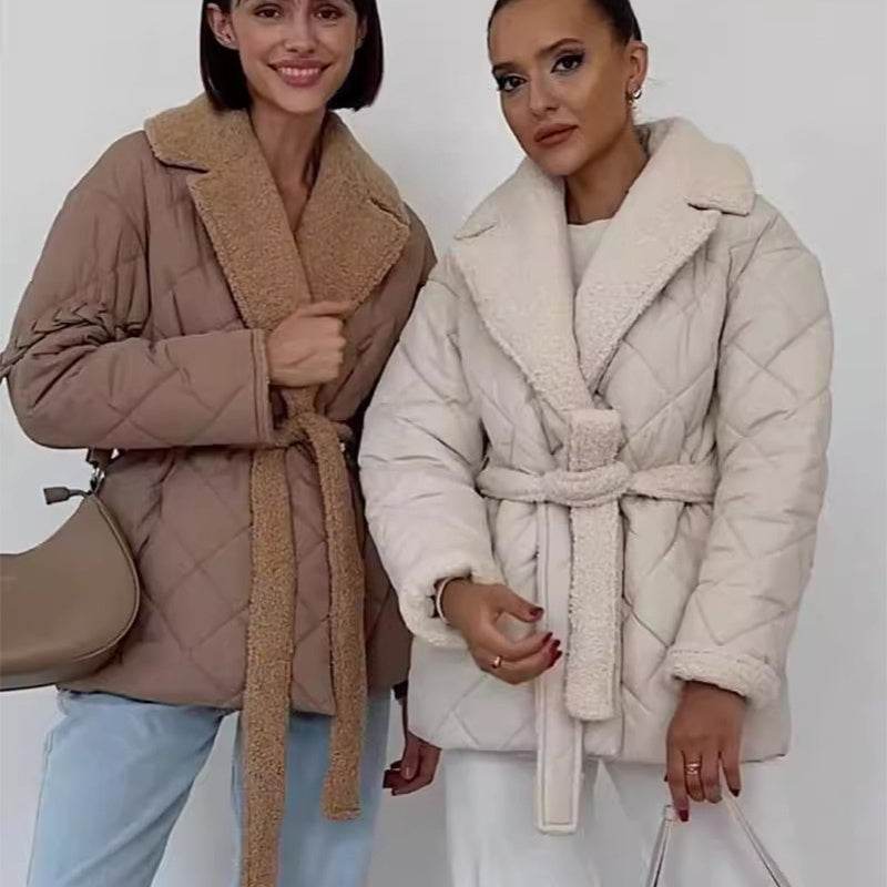 Manteau à carreaux avec col, ceinture à la taille - ElyGlam