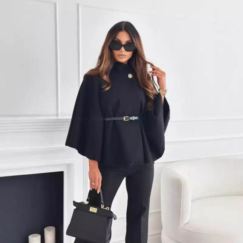 Cape à Col Montant avec Ceinture - ElyGlam