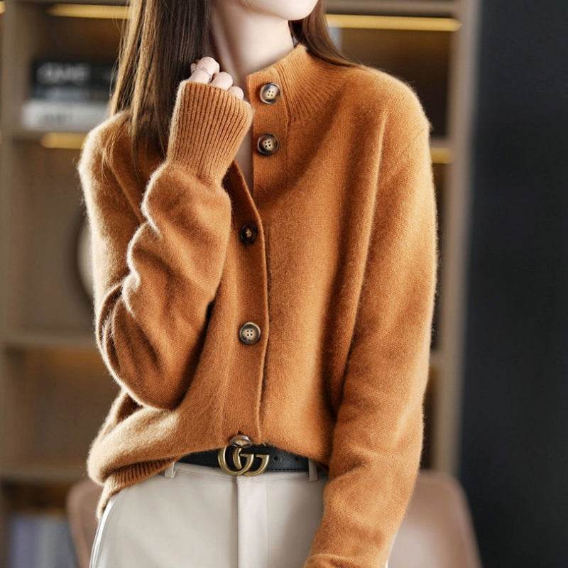 Cardigan rétro à col montant, tricoté, coupe courte - ElyGlam
