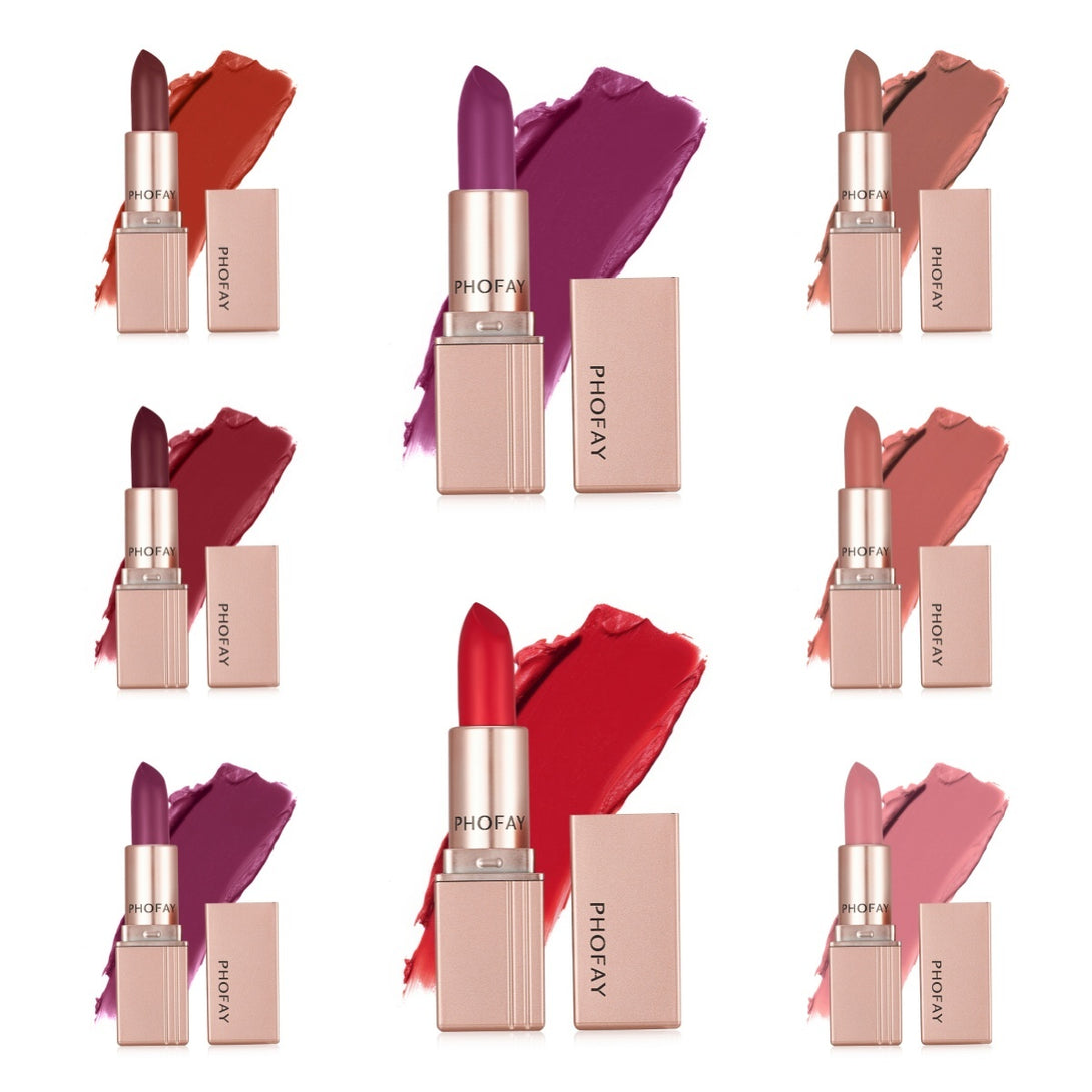 Collection of Phofay lipsticks with swatches on a white background