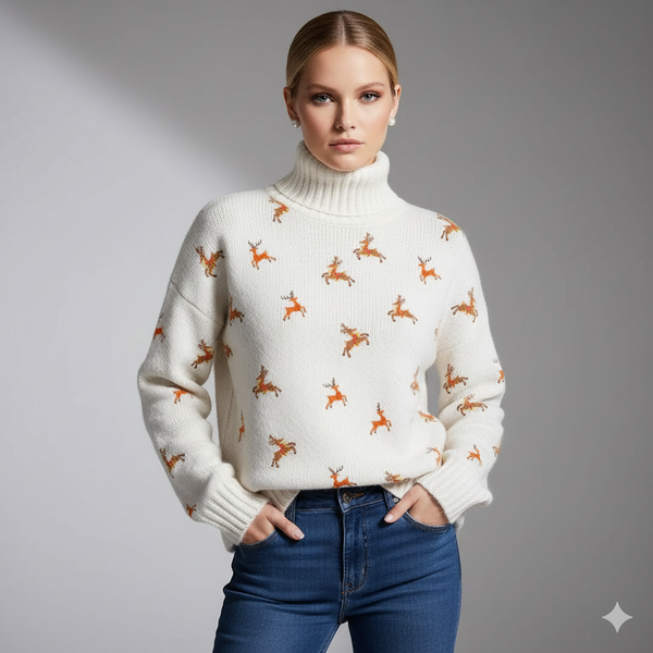 Women's Christmas Turtleneck Sweater | Festive Holiday Printed Pullover