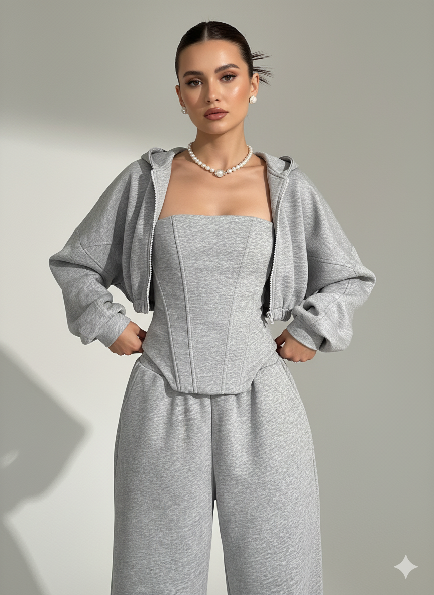 Gray corset top and wide leg pants matching set for women
