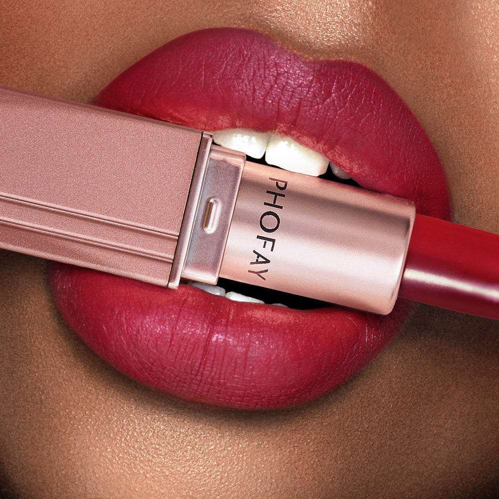 Lipstick being applied to a red lip with 'PHOFAY' branding.