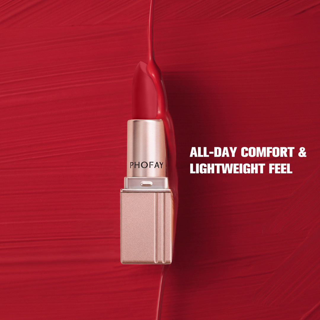 Lipstick with 'PHOFAY' branding on a red background, featuring text about comfort and feel.
