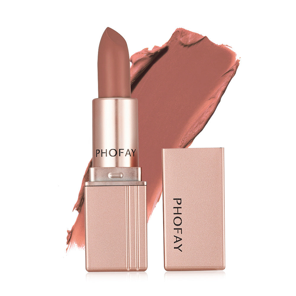 Lipstick with packaging and swatch on a white background, featuring the brand 'PHOFAY'.