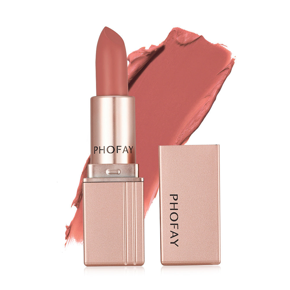 Lipstick with packaging and swatch on a white background, featuring the brand 'PHOFAY'.