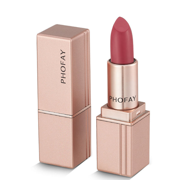 Lipstick with rose gold case and 'PHOFAY' branding on a white background