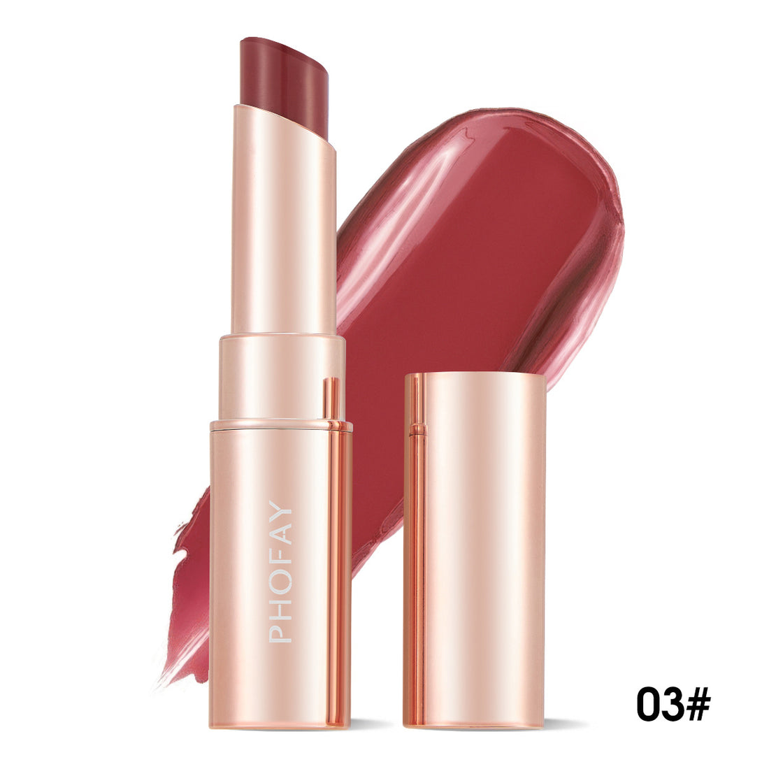 Lipstick with rose gold casing and 'PHOFPAY' branding on a white background