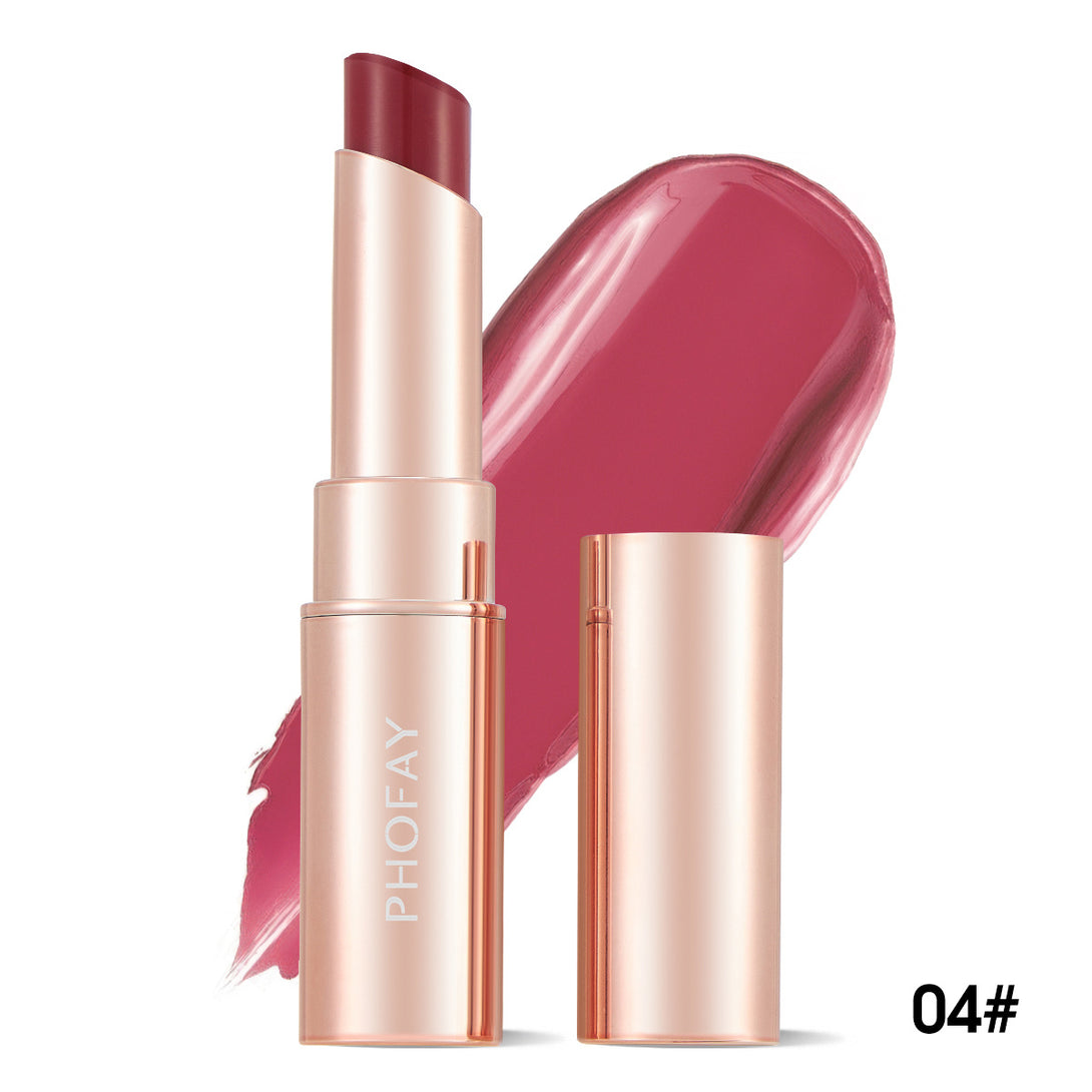 Lipstick with rose gold casing and open lid showing color swatch on white background
