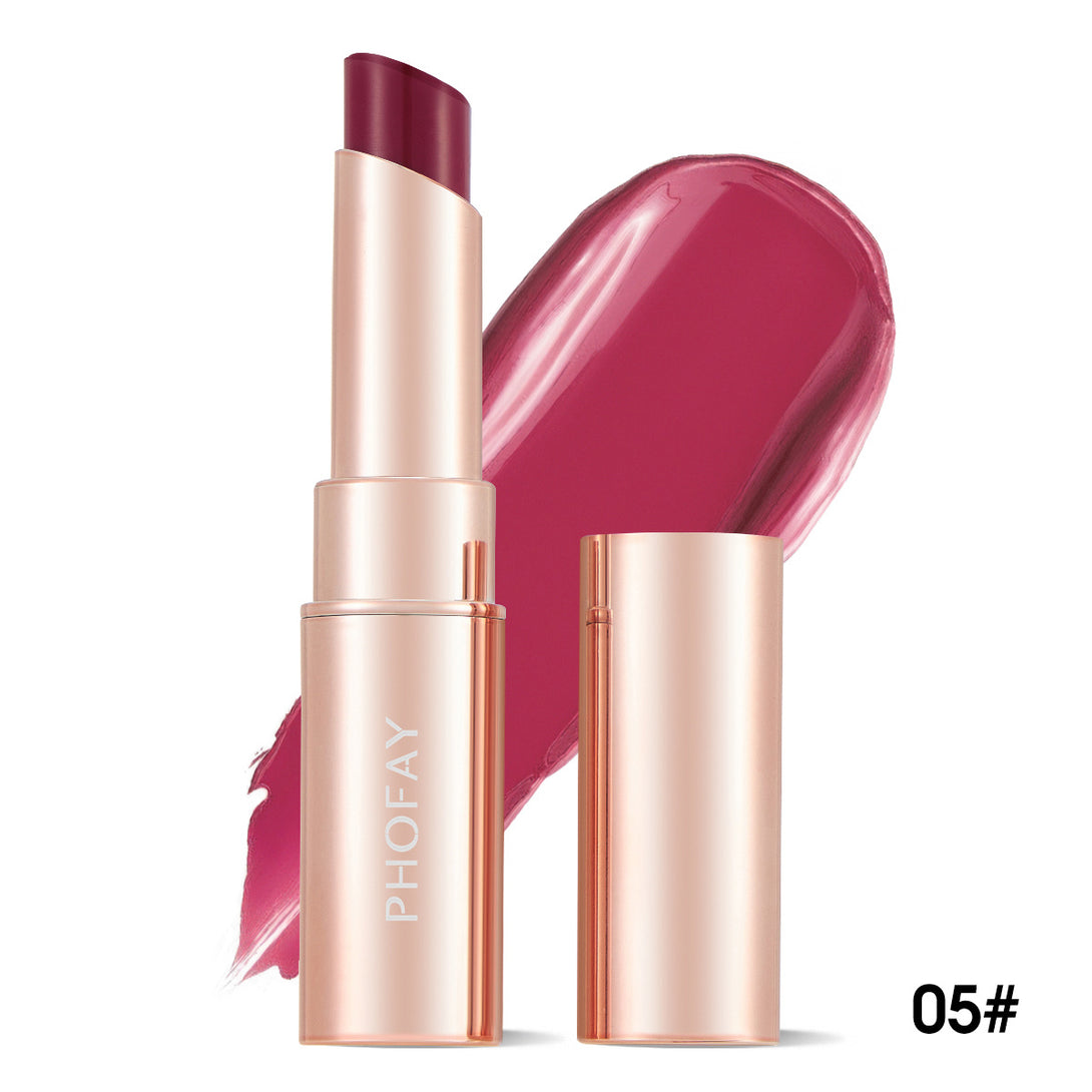 Lipstick with rose gold casing and visible brand name on a white background