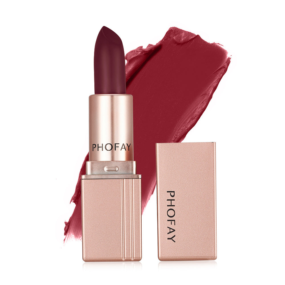 Lipstick with rose gold case and 'PHOFAY' branding on a white background
