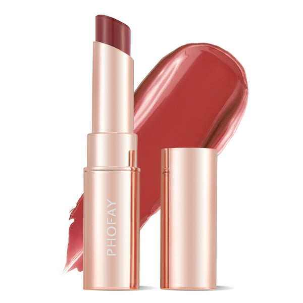 Lipstick with rose gold casing and visible brand name on a white background