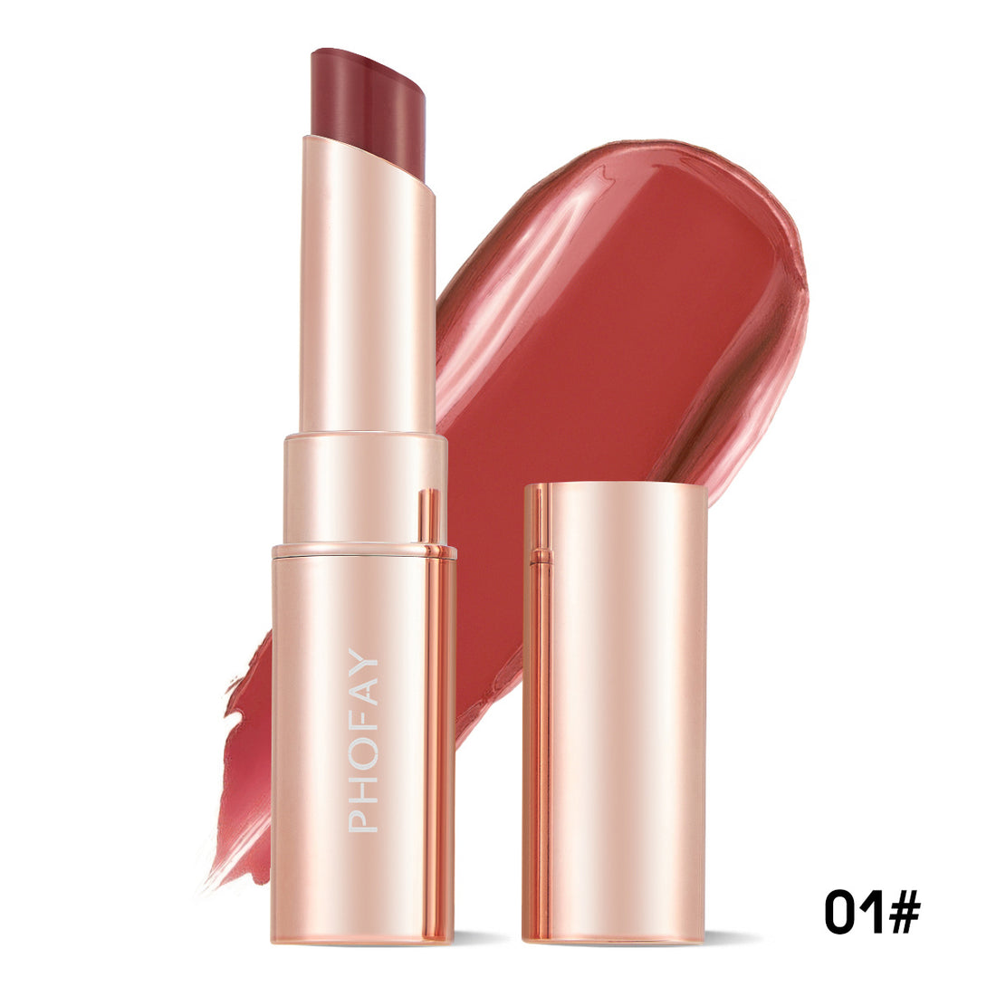 Lipstick with rose gold casing and open lid showing color on white background