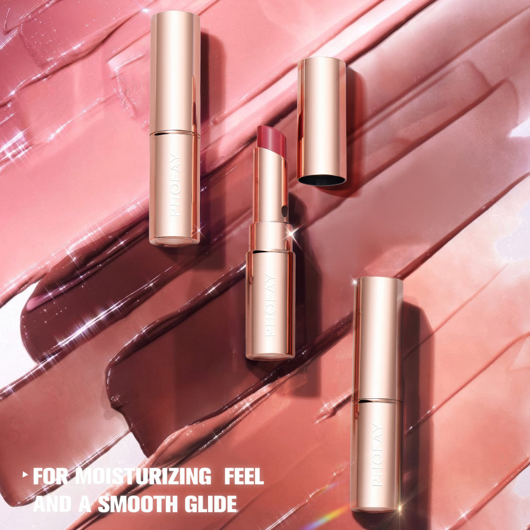 Three lipsticks on a pink and brown gradient background with text about moisturizing feel.