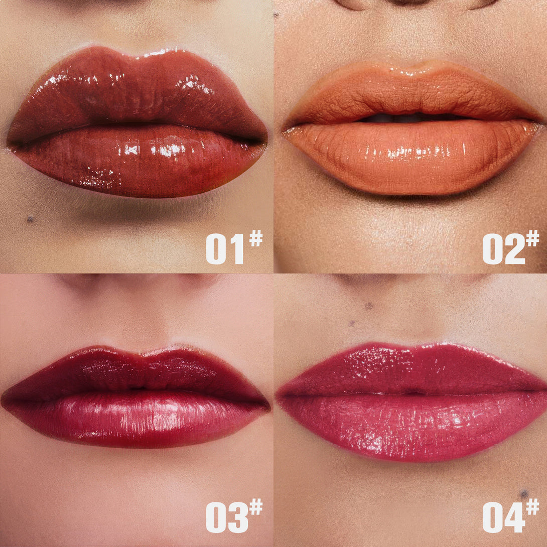 Four different lipstick shades on lips with color codes.