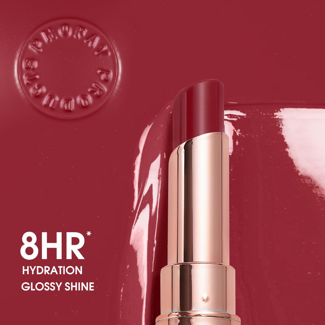 Lipstick with '8HR Hydration Glossy Shine' text on a red background