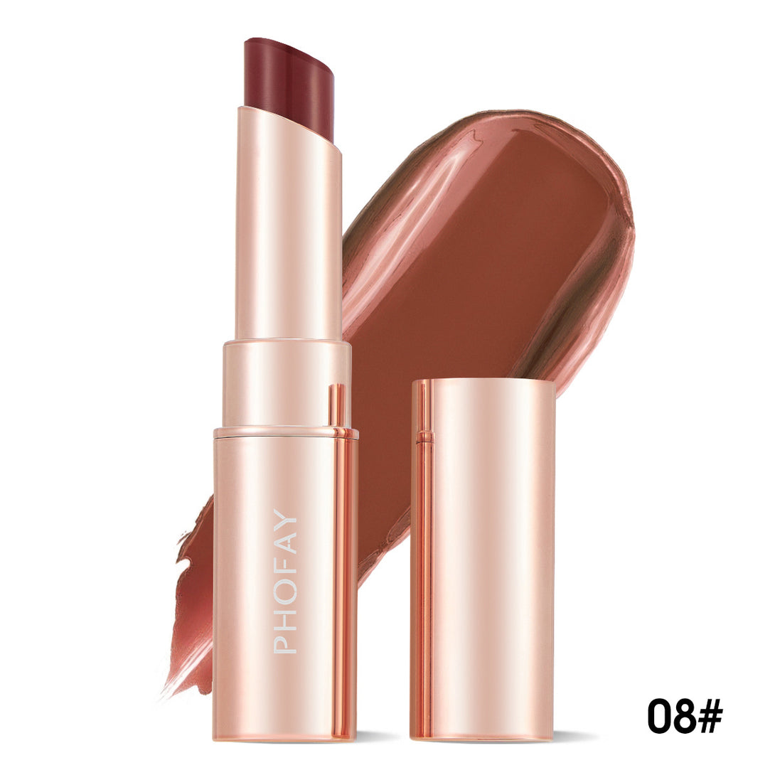 Lipstick with rose gold casing and open lid showing color swatch on white background