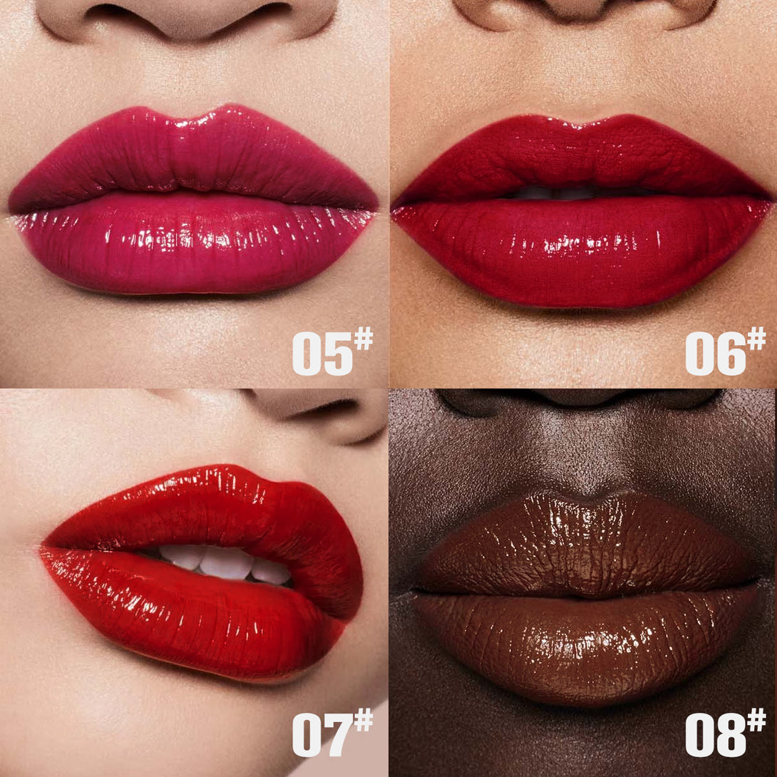 Four close-up images of lips with different lipstick colors on a neutral background.