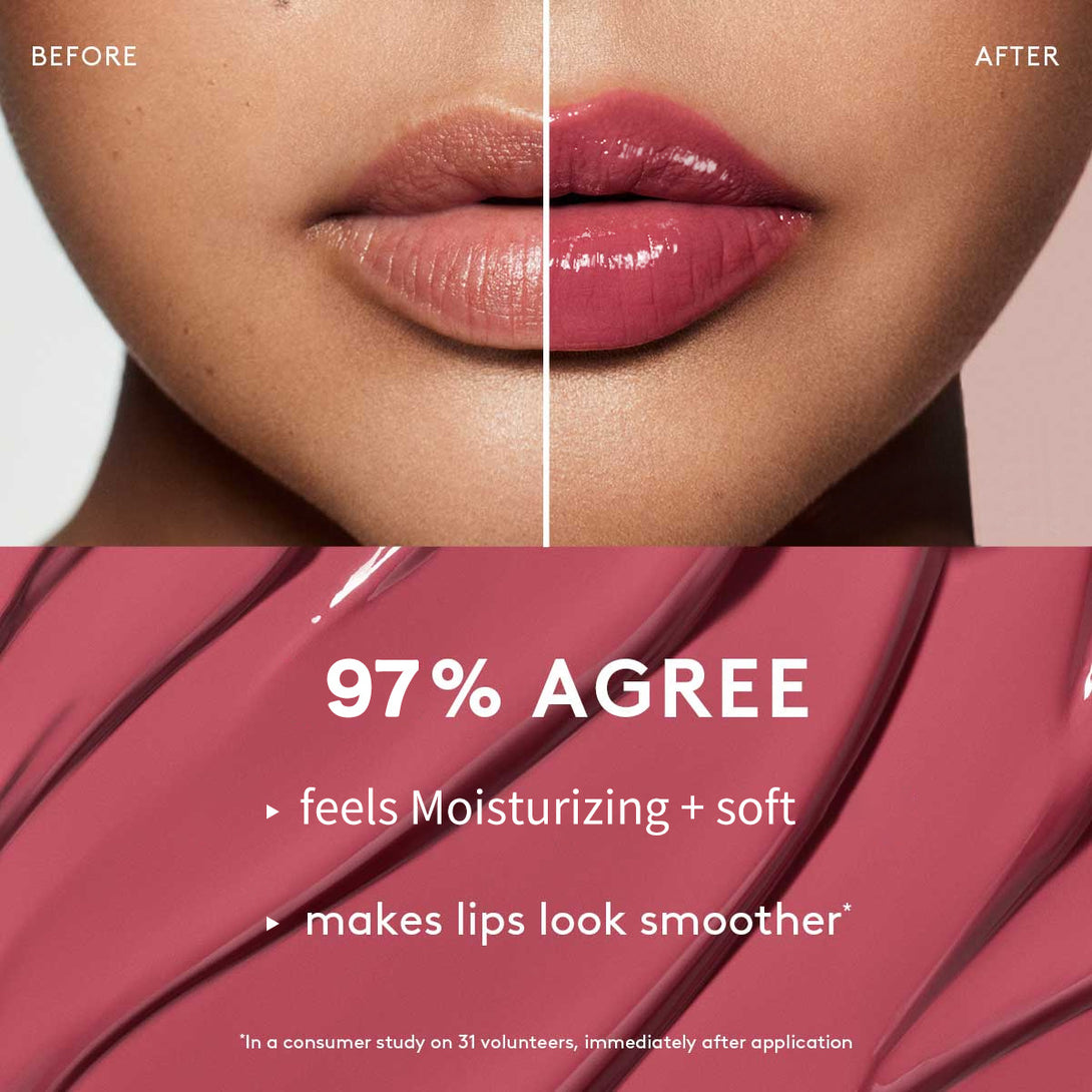 Before and after comparison of lips with a pink lip product, showing moisturizing and smoothing effects.