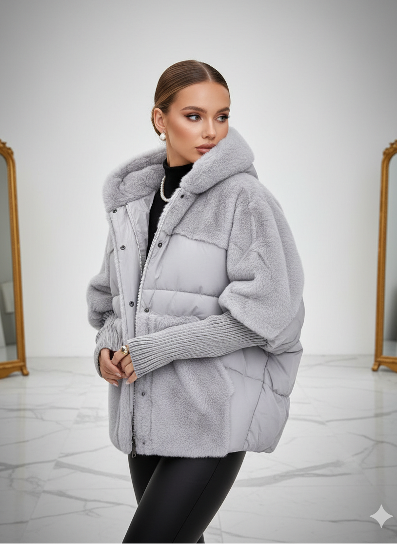 Padded bomber coat with hood and pockets for women
