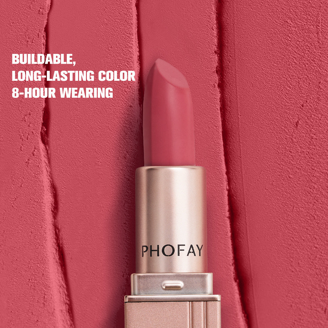 Pink lipstick with 'PHOFAY' branding on a red background