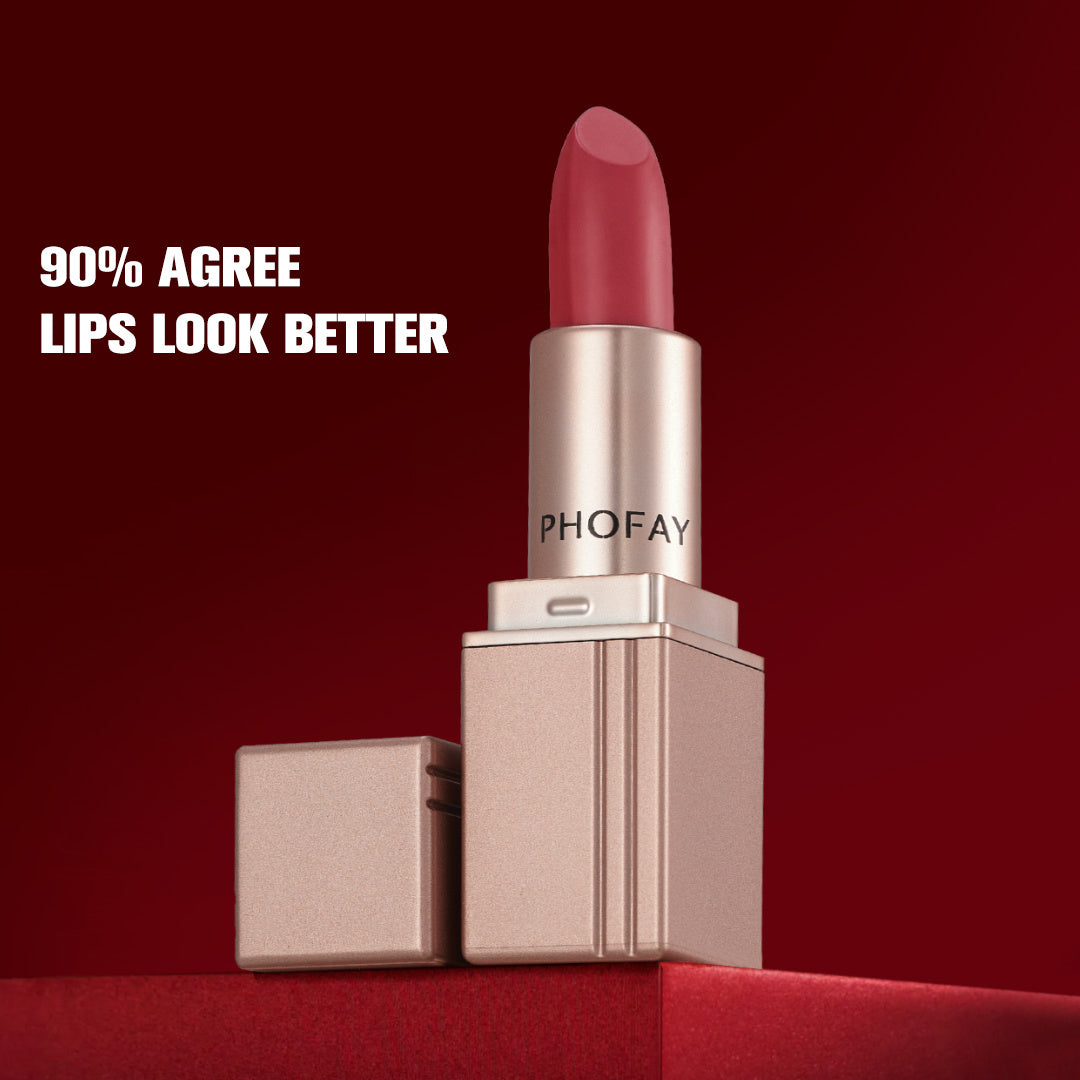 Pink lipstick with packaging on a red background, featuring the brand 'PHOFAY'.