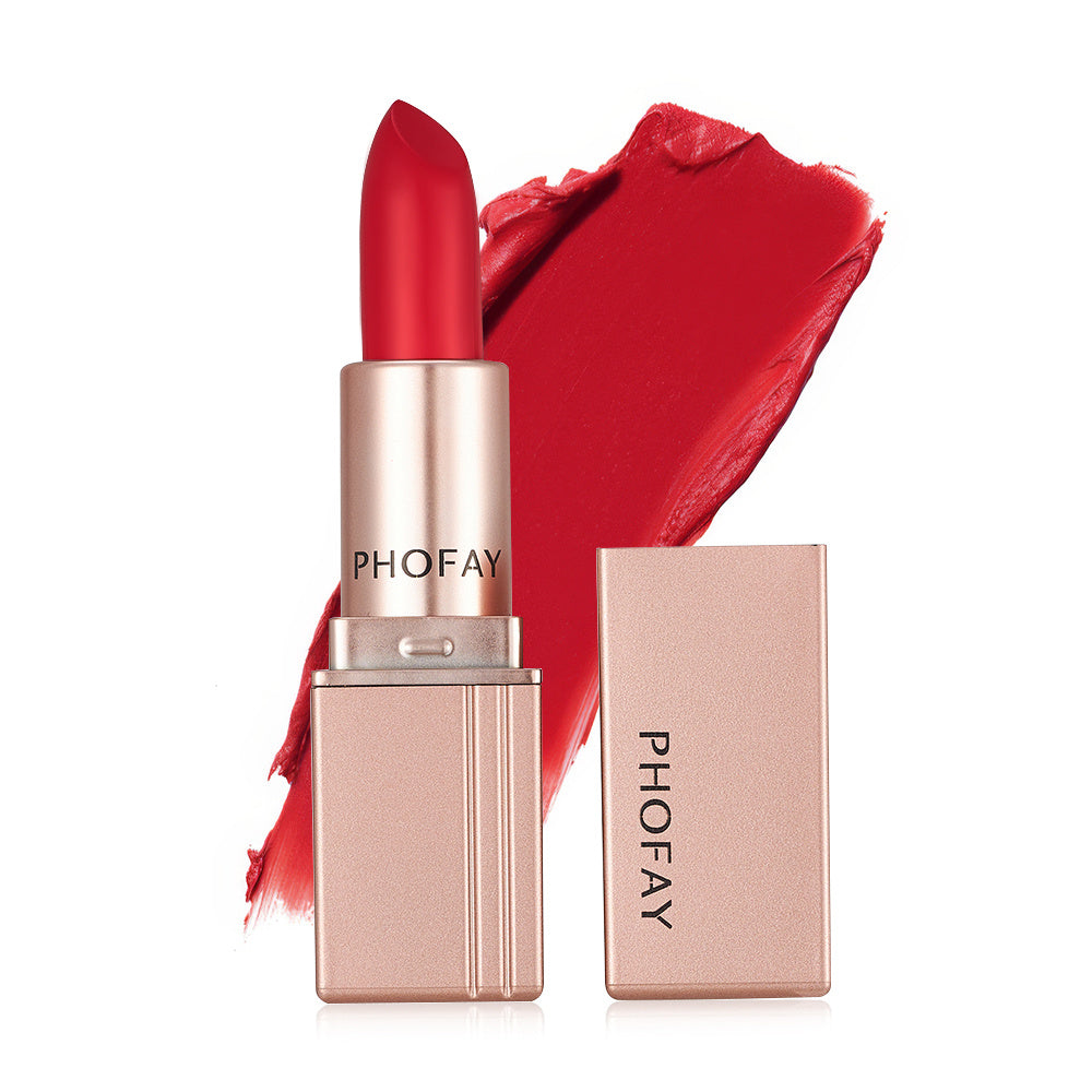 Red lipstick with open case and swatch on a white background, featuring the brand 'PHOFAY'.