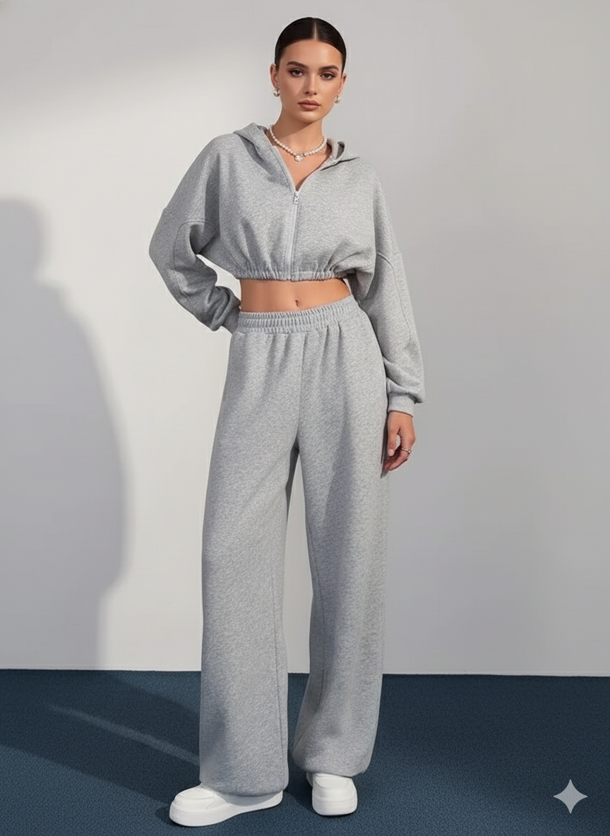 Three piece matching set women gray hooded jacket corset top wide leg pants