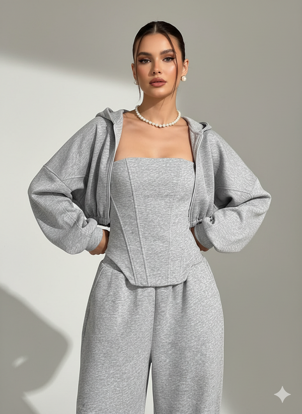 Wide leg pants corset top hooded jacket three piece set styling
