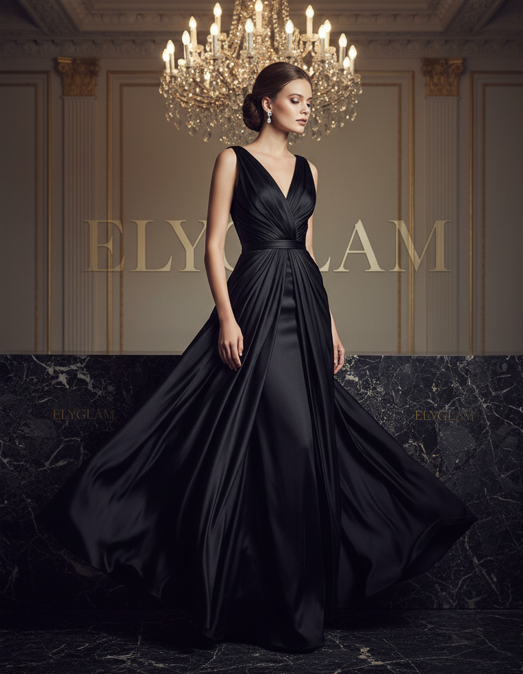 Woman in a black evening gown standing in a luxurious room with 'ElyGlam' branding.
