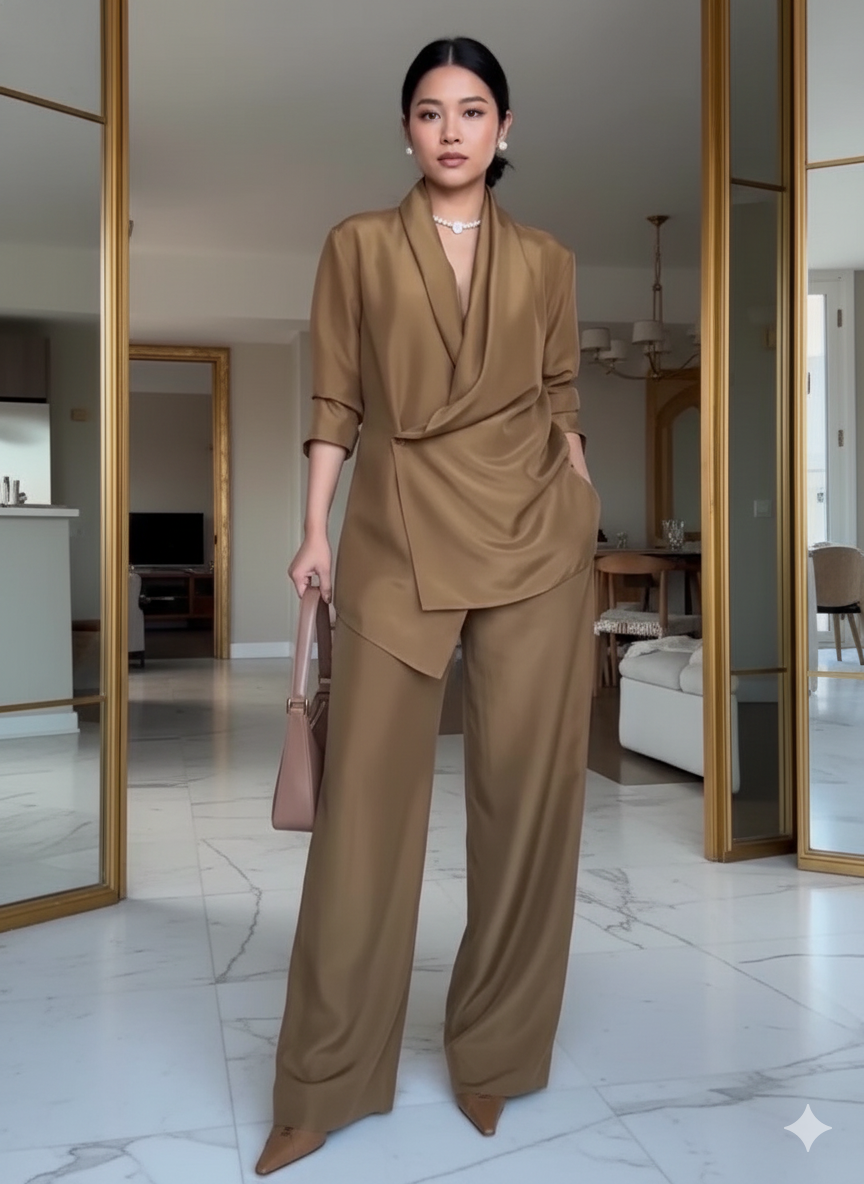 Woman in a brown outfit standing in a modern living room.