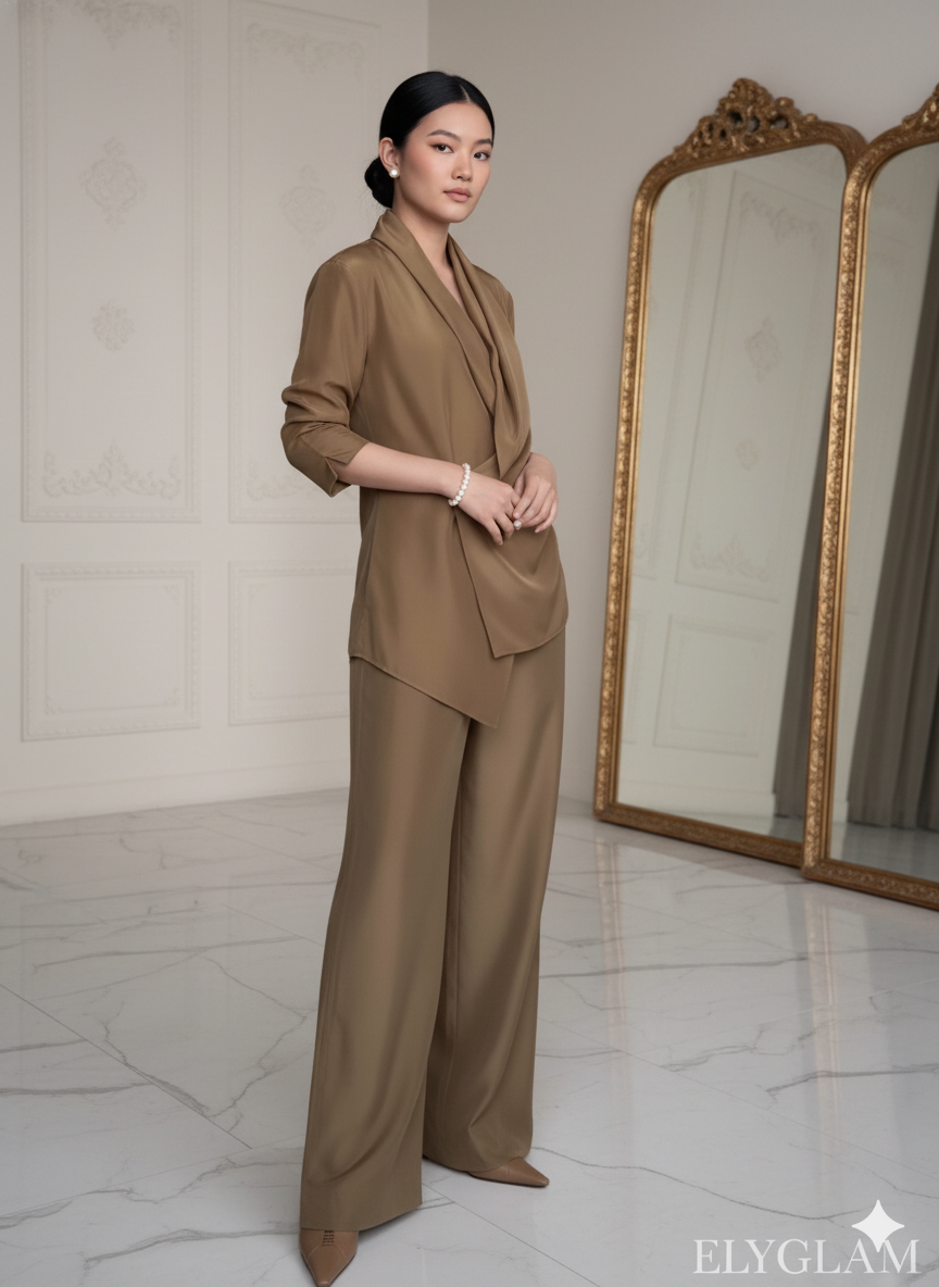 Woman in a brown suit standing in front of a large mirror with a neutral background