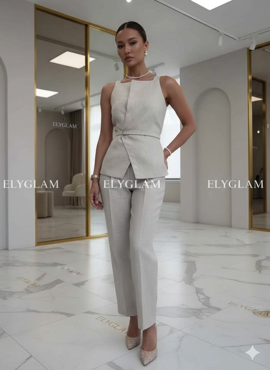 Woman in a light gray outfit standing in a stylish interior setting with 'ELYGLAM' branding.