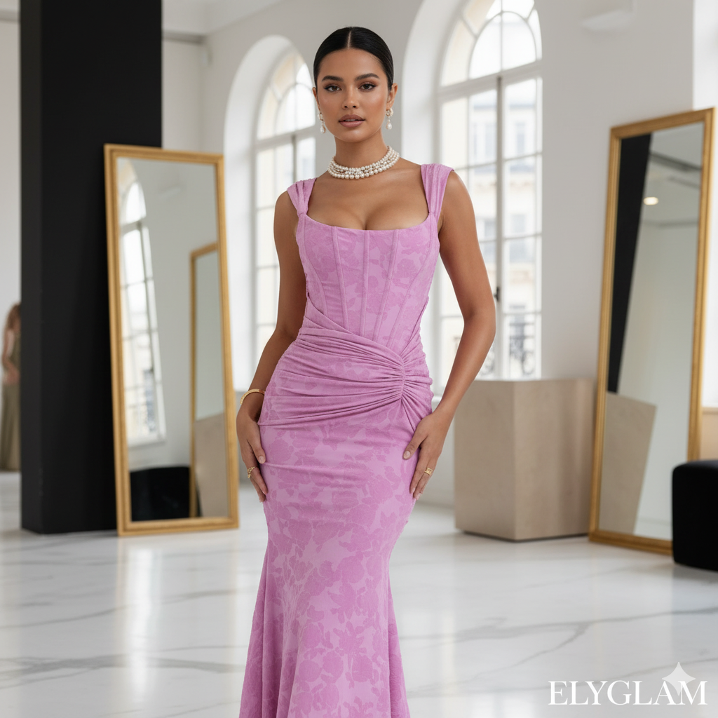 Woman in a pink evening gown standing in a stylish room with mirrors.